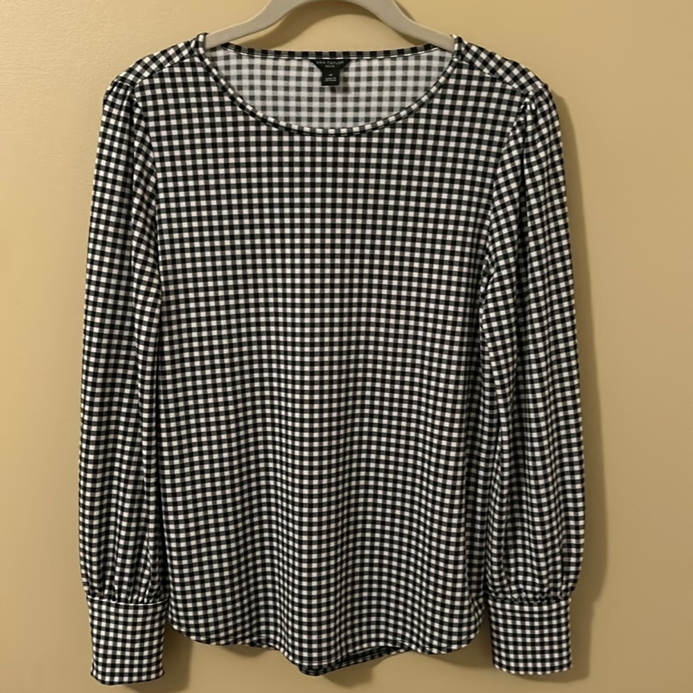 NWT Ann Taylor Black and White Plaid Houndstooth Crew  Neck Top Size Sp Petite